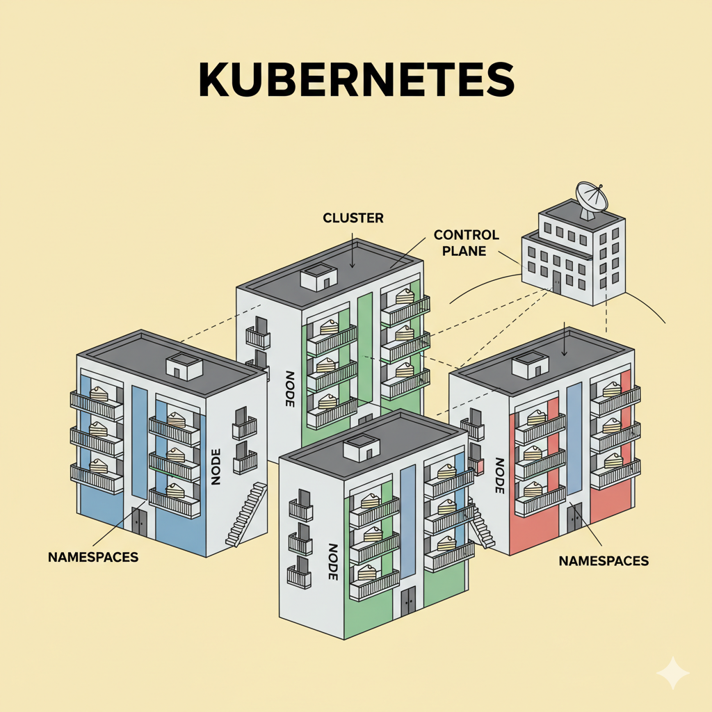 Pods and nodes compared to apartments and buildings on an estate
